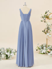 Prom Dress With Pockets, A-line Chiffon V-neck Pleated Floor-Length Bridesmaid Dress