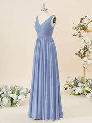 Prom Dress Ball Gown, A-line Chiffon V-neck Pleated Floor-Length Bridesmaid Dress