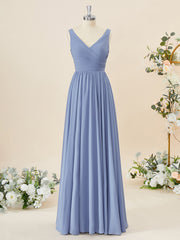 Prom Dress V Neck, A-line Chiffon V-neck Pleated Floor-Length Bridesmaid Dress