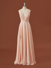 Prom Dresses Elegant, A-line Chiffon V-neck Pleated Floor-Length Bridesmaid Dress