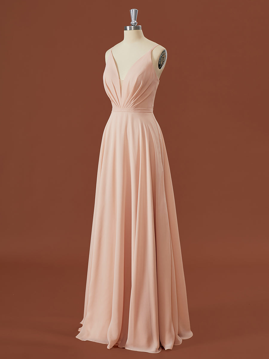 Prom Dresses Styles, A-line Chiffon V-neck Pleated Floor-Length Bridesmaid Dress