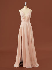 Prom Dresses Casual, A-line Chiffon V-neck Pleated Floor-Length Bridesmaid Dress