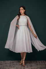 Prom Dress For Teen, A-Line Crew Tea Length Chiffon Beaded Waist Mother of The Bride Dresses