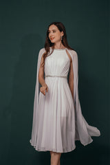 Prom Dresses For Teen, A-Line Crew Tea Length Chiffon Beaded Waist Mother of The Bride Dresses