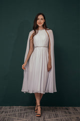 Prom Dresses Nearby, A-Line Crew Tea Length Chiffon Beaded Waist Mother of The Bride Dresses