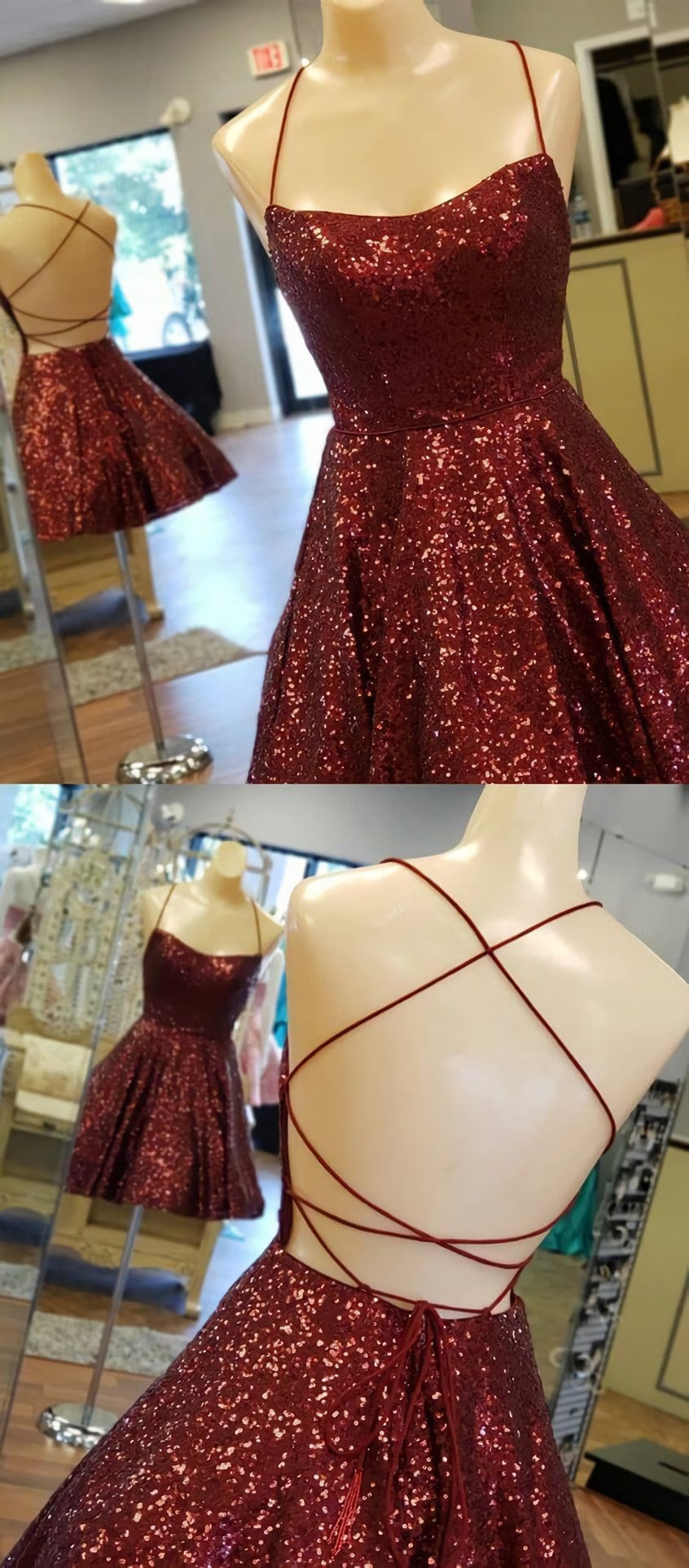 Party Dresses For Teens, A Line Criss Cross Straps Back Burgundy Sequins Homecoming Dress