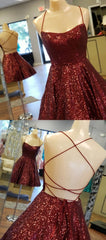 Party Dresses For Teens, A Line Criss Cross Straps Back Burgundy Sequins Homecoming Dress