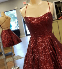 Party Dresses Online, A Line Criss Cross Straps Back Burgundy Sequins Homecoming Dress