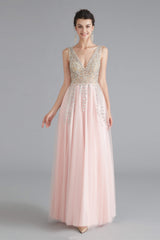 Bachelorette Party Outfit, A Line Crystal Pink Split V Neck Backless Beaded Prom Dresses