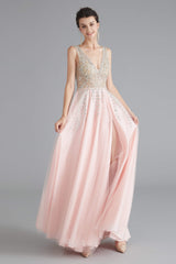 Bride Dress, A Line Crystal Pink Split V Neck Backless Beaded Prom Dresses