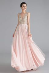 Gala Dress, A Line Crystal Pink Split V Neck Backless Beaded Prom Dresses