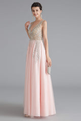 Rustic Wedding Dress, A Line Crystal Pink Split V Neck Backless Beaded Prom Dresses