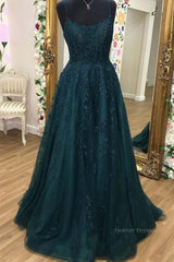 Formal Dressing Style, A Line Dark Green Tulle Lace Long Prom Dress, Dark Green Lace Formal Graduation Evening Dress