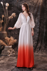 Homecoming Dresses Blues, A Line Deep V-Neck Long Sleeve Ombre Silk Like Floor Length Prom Dresses