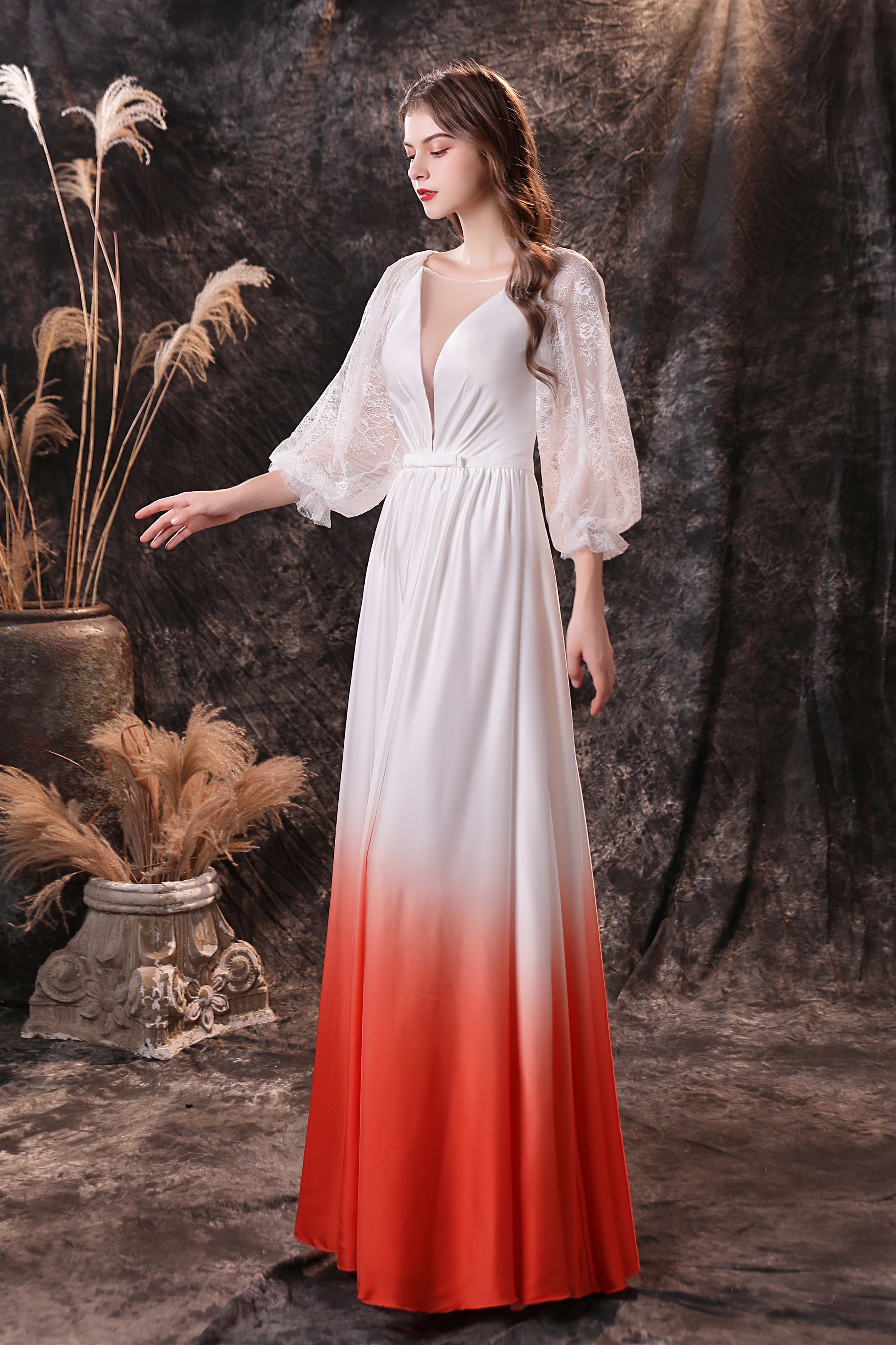 Homecoming Dress Red, A Line Deep V-Neck Long Sleeve Ombre Silk Like Floor Length Prom Dresses