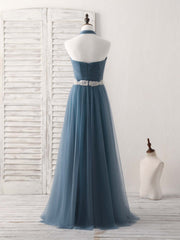 Evening Dress Elegant Classy, A-Line Gray Blue Tulle Long Bridesmaid Dress Gray Blue Prom Dress