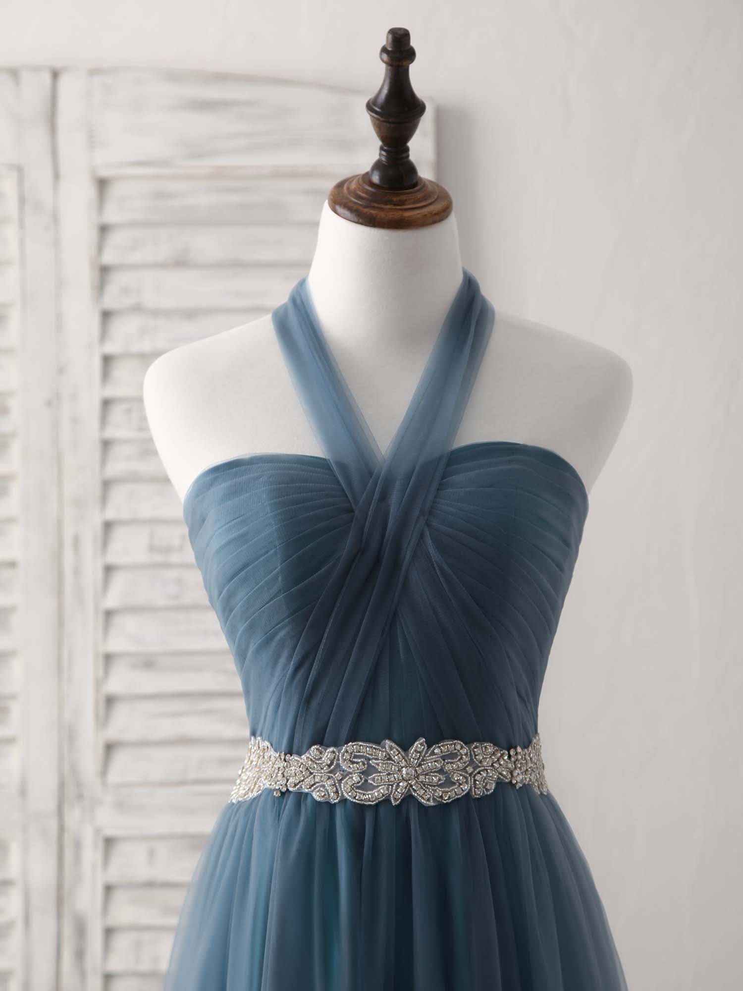 Evening Dress Italy, A-Line Gray Blue Tulle Long Bridesmaid Dress Gray Blue Prom Dress