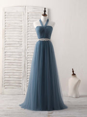 Evening Dresses Open Back, A-Line Gray Blue Tulle Long Bridesmaid Dress Gray Blue Prom Dress
