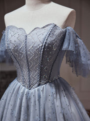 Evening Dress, A-Line Gray Blue Tulle Short Prom Dress. Cute Gray Blue Homecoming Dress