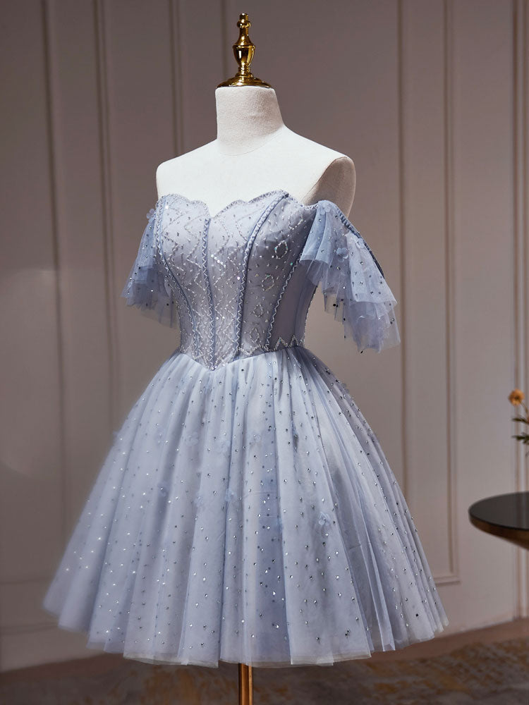 Corset Dress, A-Line Gray Blue Tulle Short Prom Dress. Cute Gray Blue Homecoming Dress