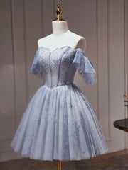 Corset Dress, A-Line Gray Blue Tulle Short Prom Dress. Cute Gray Blue Homecoming Dress