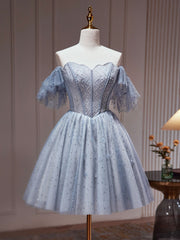 Evening Dress Elegant, A-Line Gray Blue Tulle Short Prom Dress. Cute Gray Blue Homecoming Dress