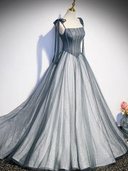 Party Dress Outfits Ideas, A Line Gray Long Prom Dresses, Tulle Gray Formal Graduation Dress with Beading