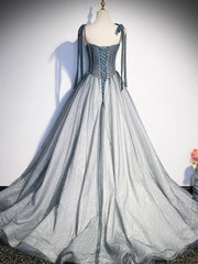 Party Dress Party, A Line Gray Long Prom Dresses, Tulle Gray Formal Graduation Dress with Beading