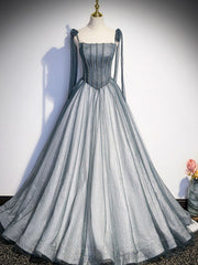Party Dresses Outfits Ideas, A Line Gray Long Prom Dresses, Tulle Gray Formal Graduation Dress with Beading