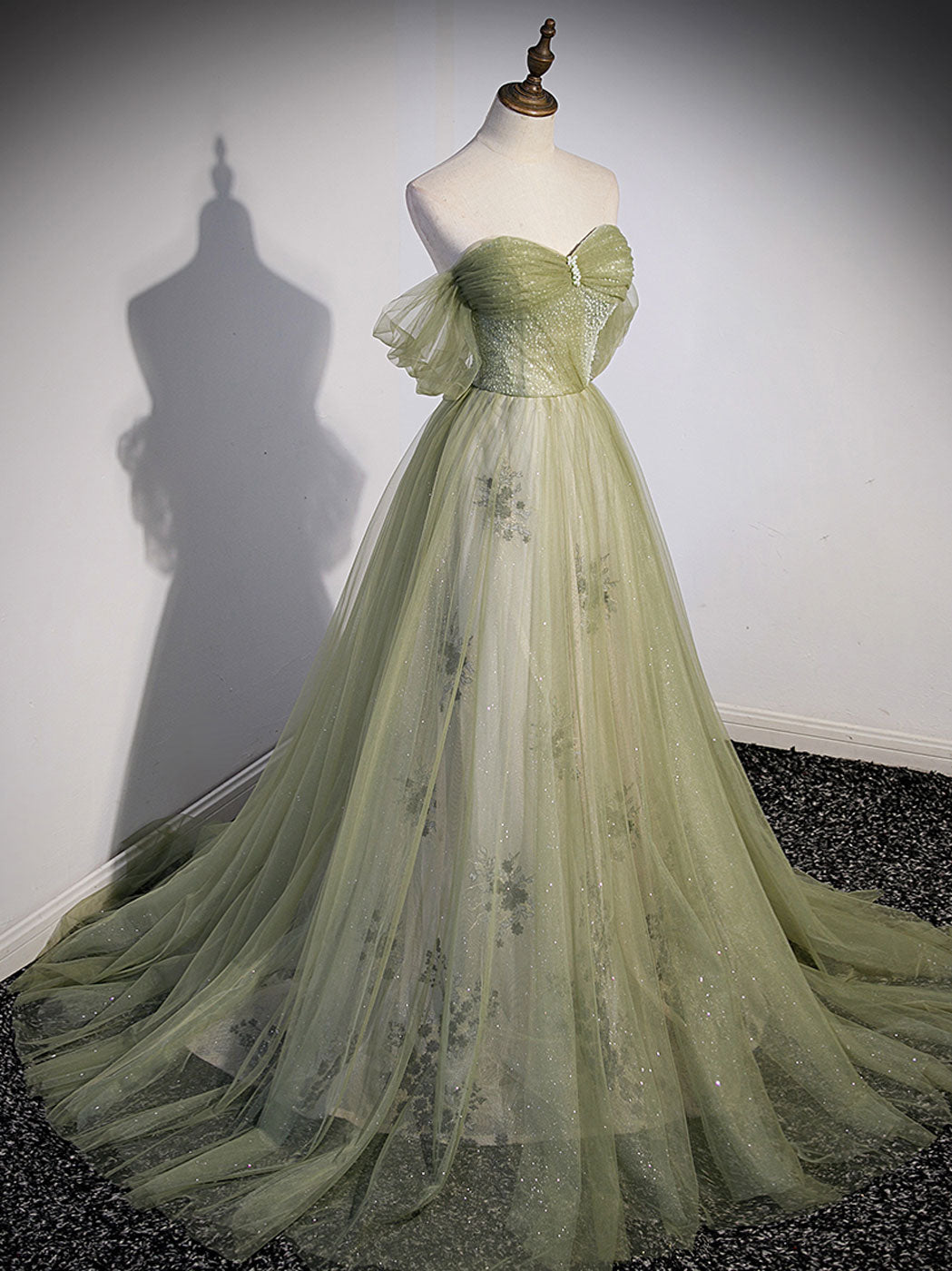 Party Dress Size 18, A Line Green Tulle Long Prom Dress, Green Formal Evening Dress with Beading
