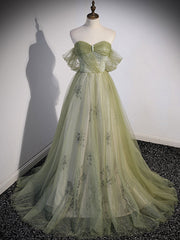 Party Dresses Classy, A Line Green Tulle Long Prom Dress, Green Formal Evening Dress with Beading