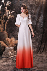 Homecoming Dress Shops, A Line Half Sleeves Ombre Silk Like Satin Floor Length Prom Dresses