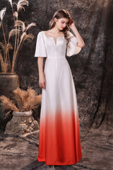 Homecoming Dresses Fashion Outfits, A Line Half Sleeves Ombre Silk Like Satin Floor Length Prom Dresses