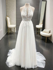 Wedding Dress On Sale, A-line Halter Appliques Lace Sweep Train Tulle Wedding Dress