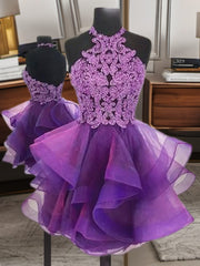 Prom Inspo, A-line Halter Flower Short/Mini Tulle Dress