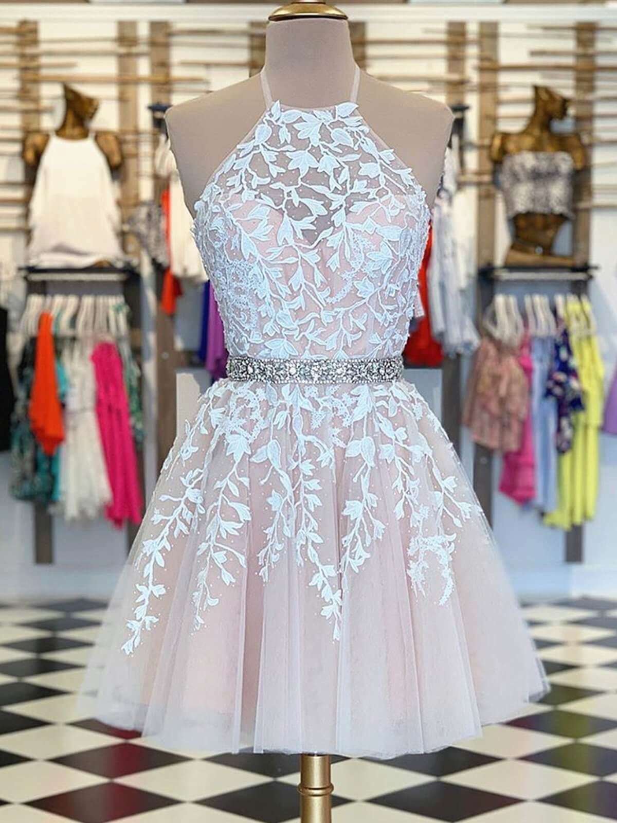 Party Dresses Store, A Line Halter Neck Short Champagne Lace Prom Dresses,Lace Formal Homecoming Dress