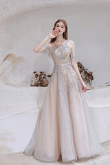Sun Dress, A-Line Heavily Beading Tulle Prom Dresses