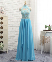 Bridesmaid Dress Gown, A Line High Neck Open Back Lace Chiffon Ruffles Blue Long Prom Dresses, Blue Lace Formal Dresses, Blue Lace Graduation Dresses
