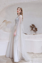 Gown Dress Elegant, A Line High Neck Sleeveless Beading Tulle Floor Length Prom Dresses