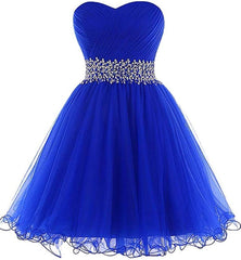 Pink Dress, A Line Homecoming Dresses,Sweetheart Short Tulle Beaded Waist Royal Blue Cocktail Dress