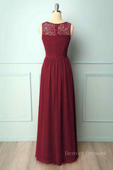 Formal Dress Vintage, A-line Illusion Lace Neck Chiffon Long Bridesmaid Dress