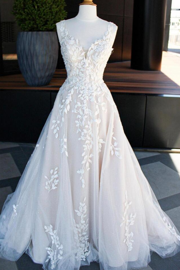 Wedding Dresse Long Sleeve, A-Line V Neck Lace Appliques Wedding Dress