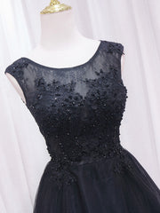 Prom Dresses Long With Sleeves, A-Line Lace Tulle Black Short Prom Dress, High Low Black Homecoming Dress