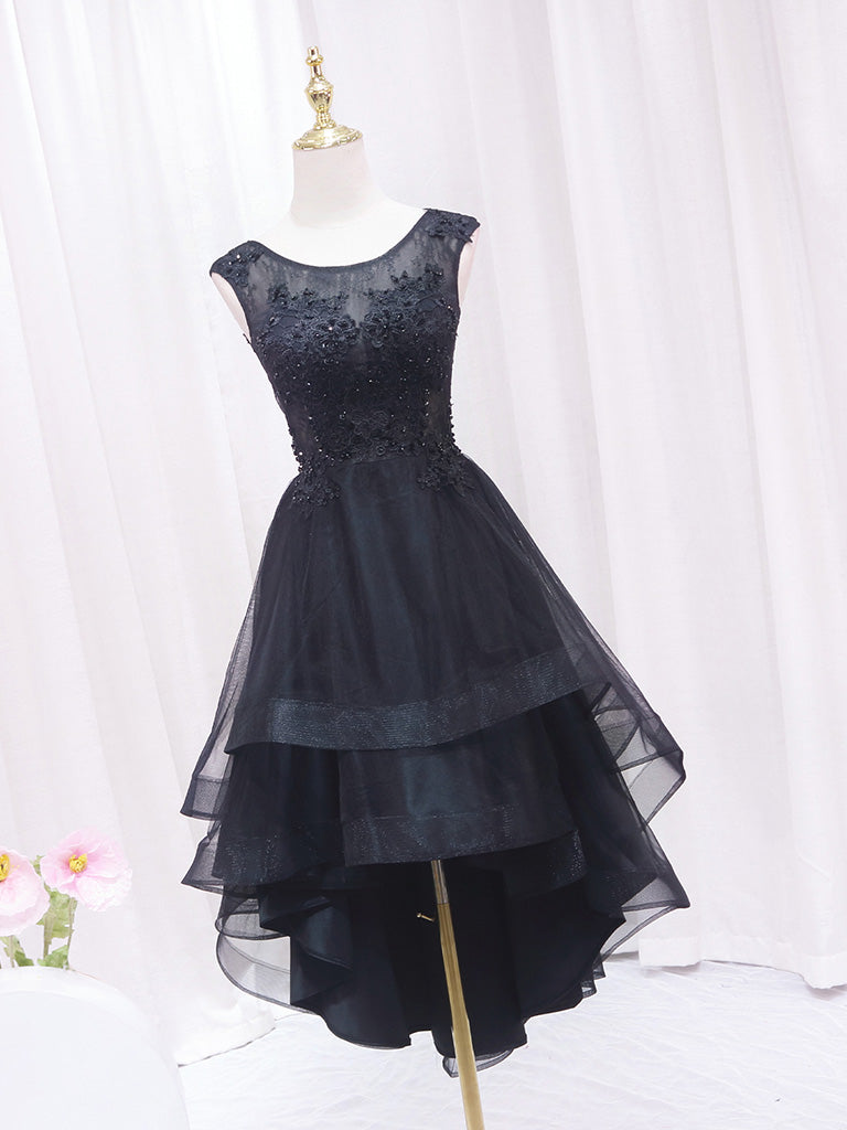 Prom Dresses Long Mermaide, A-Line Lace Tulle Black Short Prom Dress, High Low Black Homecoming Dress