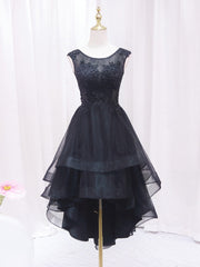 Prom Dress Long With Sleeves, A-Line Lace Tulle Black Short Prom Dress, High Low Black Homecoming Dress