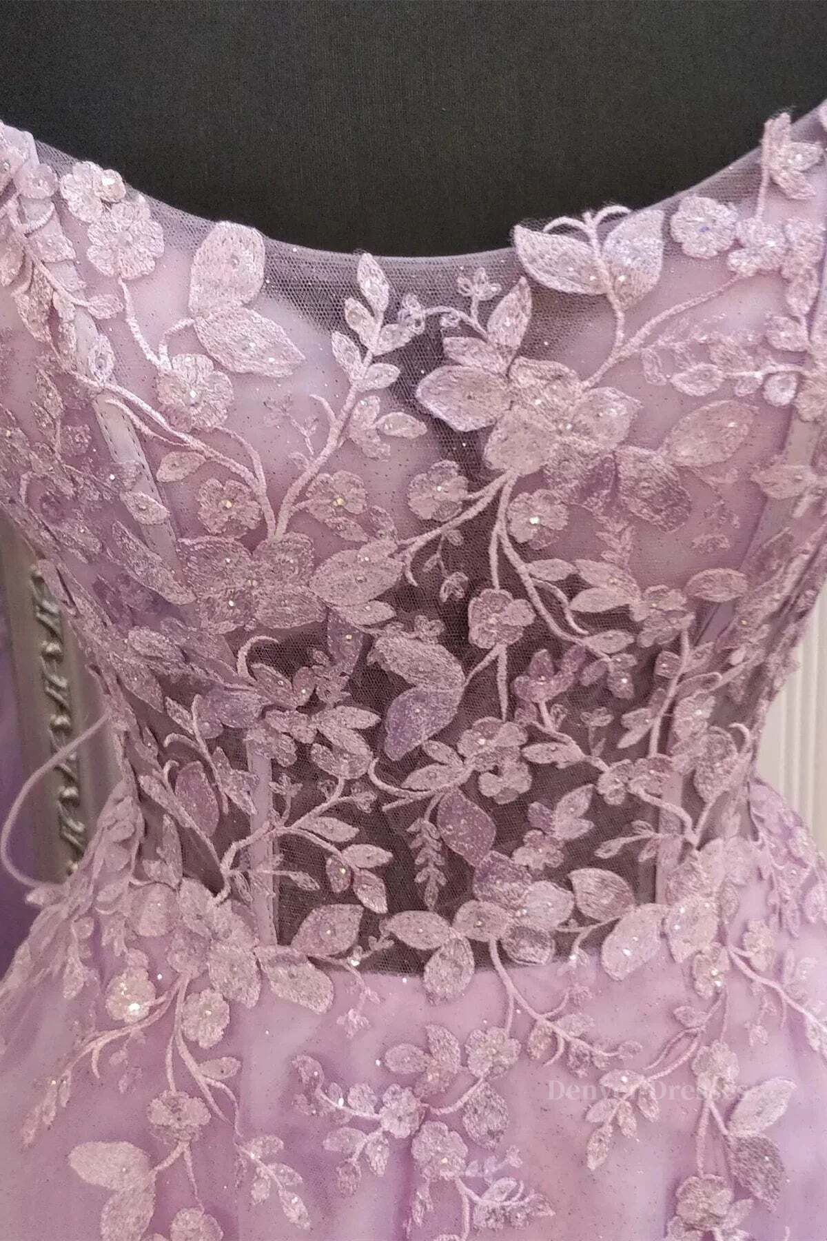 Prom Dress Casual, A Line Lavender Lace Long Prom Dress, Lilac Lace Formal Dress, Lavender Evening Dress
