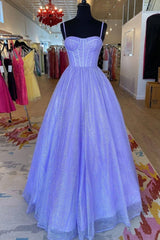 Prom Dresses Dresses, A-Line Lavender Shiny Tulle Prom Dress, Long Spaghetti Strap Evening Dress