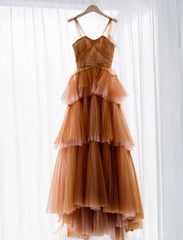 Homecoming Dresses Black, A Line Long Brown Tulle Prom Dresses