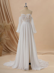 Wedding Dress Beach, A-line Long Sleeves Chiffon Sweetheart Appliques Lace Court Train Corset Convertible Wedding Dress