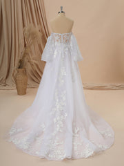 Wedding Dresses Tulle Lace, A-line Long Sleeves Tulle Sweetheart Appliques Lace Chapel Train Corset Convertible Wedding Dress